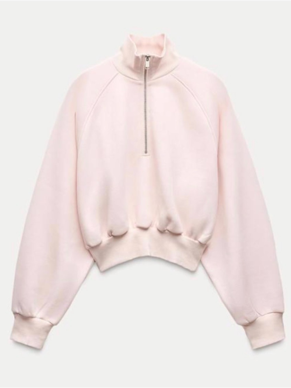 Zara Pale Pink Half-Zip Cropped Puffer-Style Sweatshirt